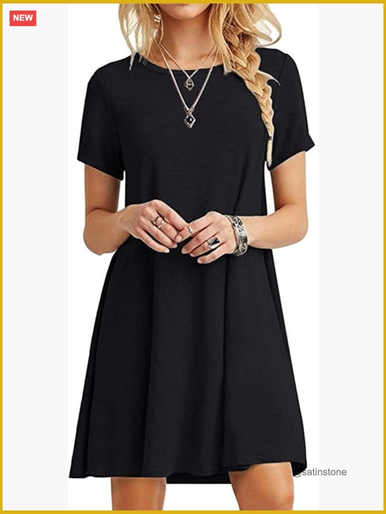 Womens Casual Tunic Mini Dress Crew Neck Short Sleeve Flowy